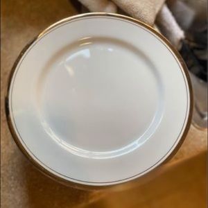 gold rimmed plates, bowls, gravy holder set